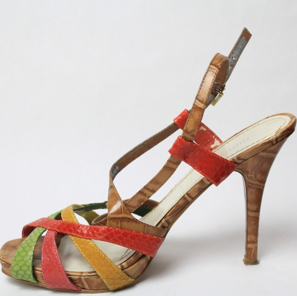 Final Sale Vintage Nine West Red Yellow Green Strappy Heels Sandal Size 6.5 - Picture 3 of 5